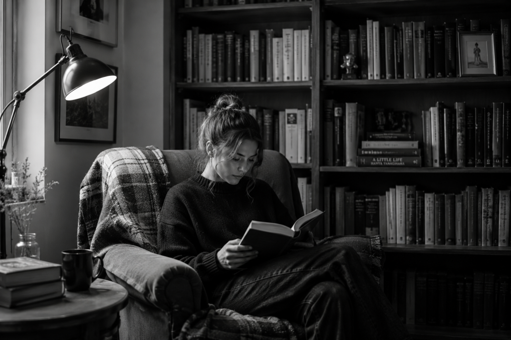 Mujer sentada en su rincón de lectura leyendo un libro