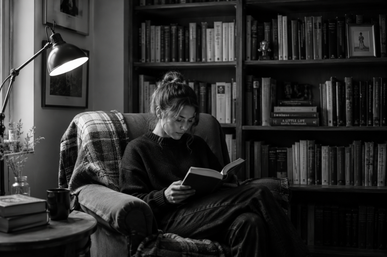 Mujer sentada en su rincón de lectura leyendo un libro