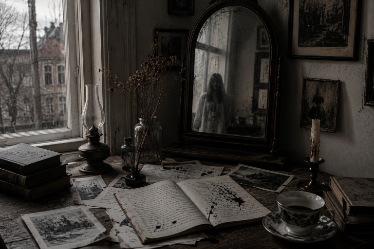 Escritorio dark academia con libros antiguos y una figura fantasmal en un espejo, evocando horror psicológico y literatura gótica