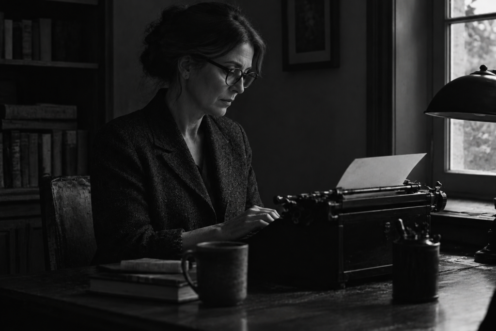 Mujer sentada frente a una máquina de escribir trabajando en su novela