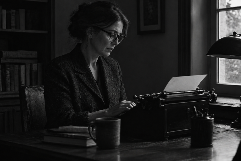 Mujer sentada frente a una máquina de escribir trabajando en su novela