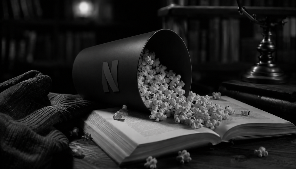 Palomitas con el logo de Netflix volcadas sobre un libro