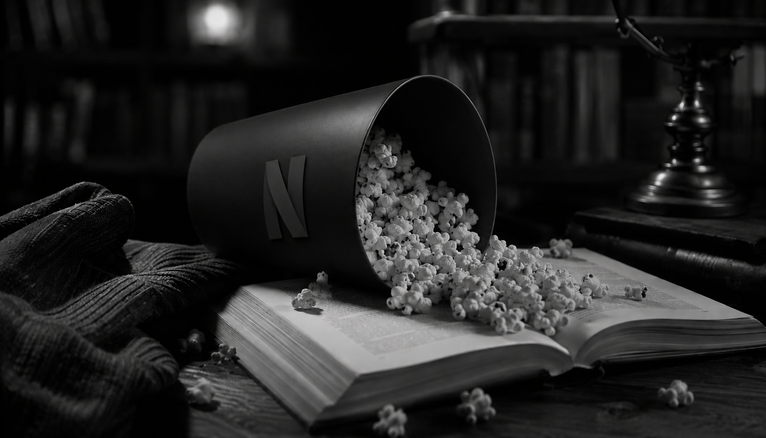 Palomitas con el logo de Netflix volcadas sobre un libro