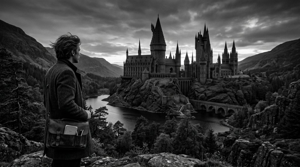 Escritor observando el castillo de una escena de fantasía