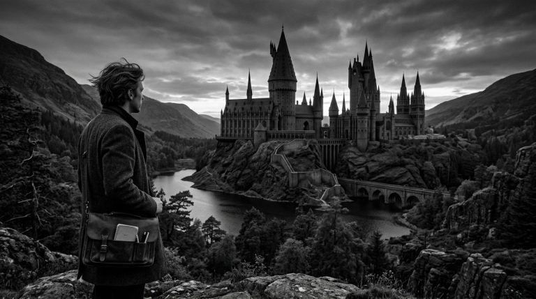 Escritor observando el castillo de una escena de fantasía
