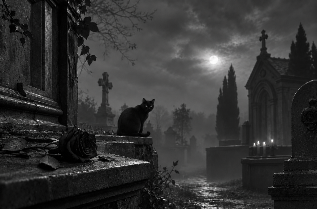 Imagen gótica de un gato negro en un cementerio tras una rosa negra