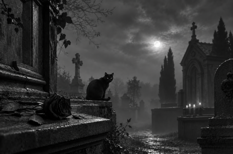 Imagen gótica de un gato negro en un cementerio tras una rosa negra